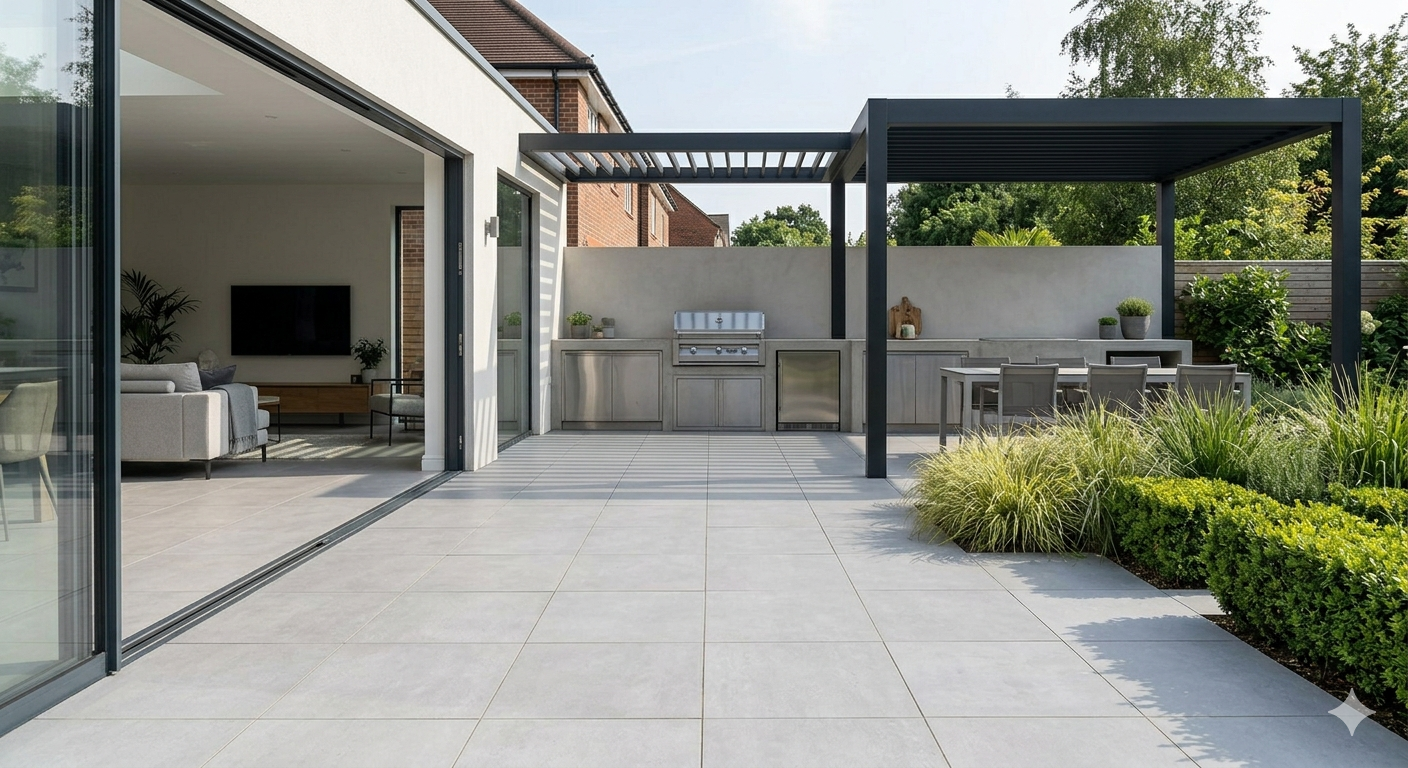 A contemporary backyard featuring uniform grey porcelain paving slabs that create a seamless flow from the indoor living room through open glass doors to an outdoor kitchen and pergola.