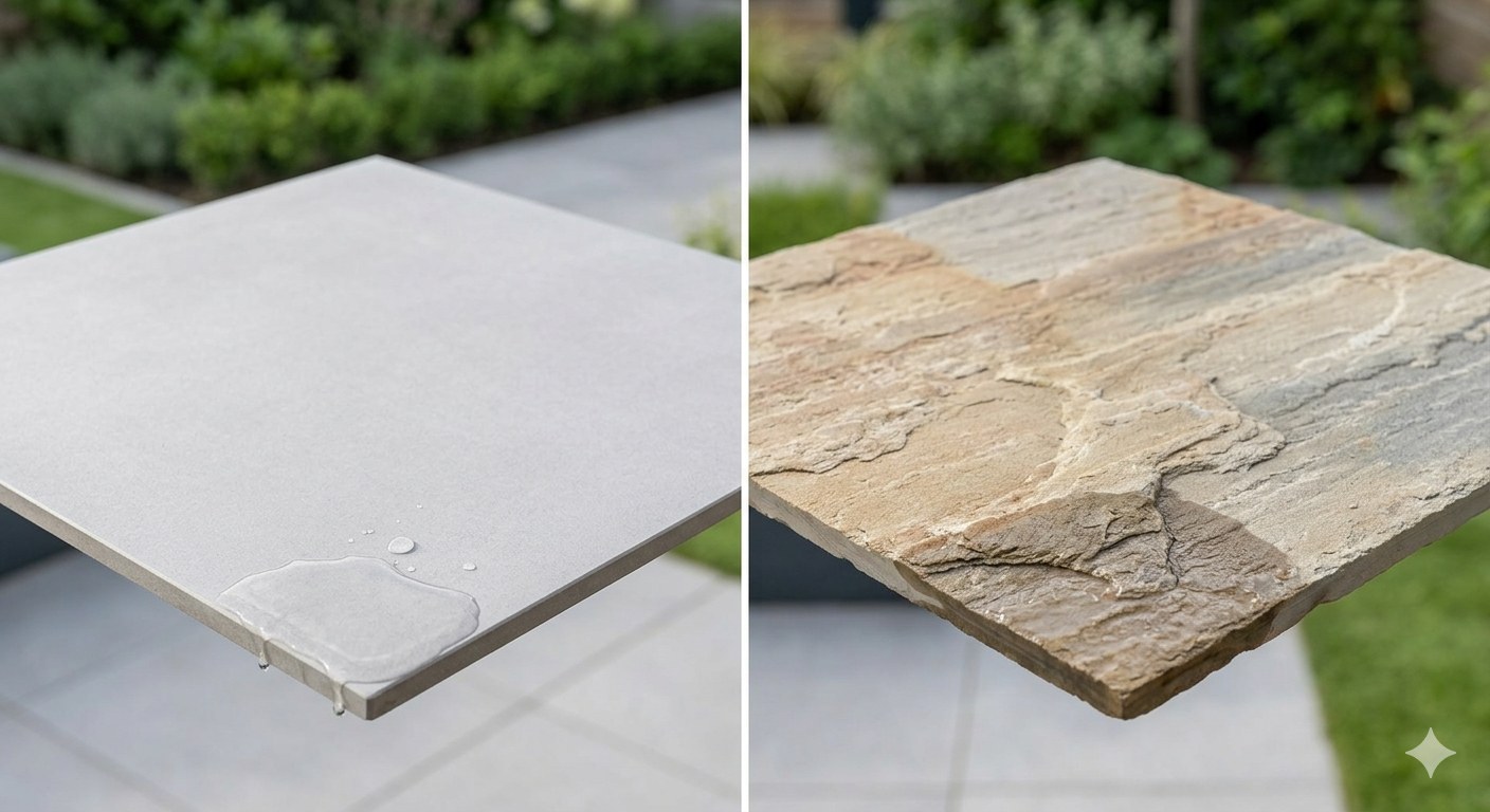 A close-up, split-screen comparison showing smooth, non-porous light grey porcelain paving (left) and rough, absorbent, natural Indian sandstone with varied tan and beige tones (right)
