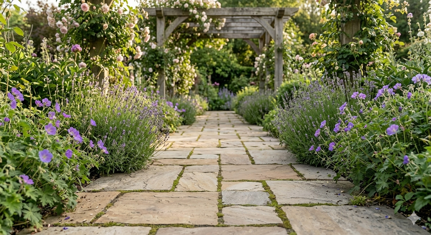 A natural, textured multi-colored Indian sandstone garden path winding through a flourishing cottage garden, featuring weathered oak timber and blooming lavender.
